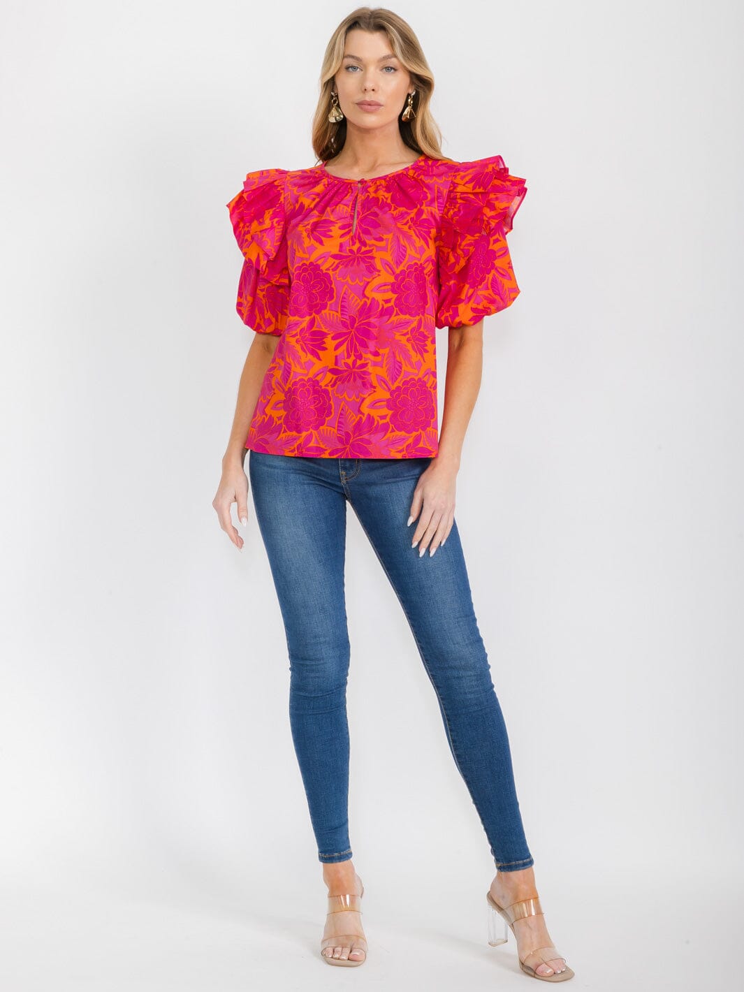 WOMEN'S SHORT PUFF SLEEVE KEYHOLE FLORAL BLOUSE