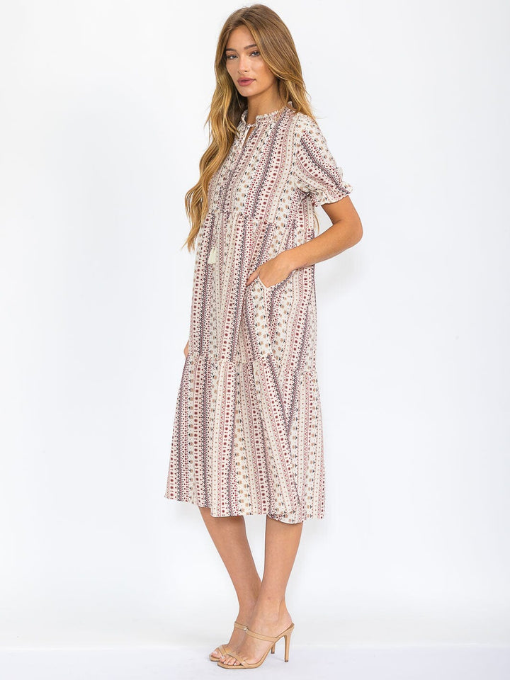 WOMEN'S SHORT SLEEVE V-NECK FRONT POCKETS FLOWER PRINT MIDI DRESS