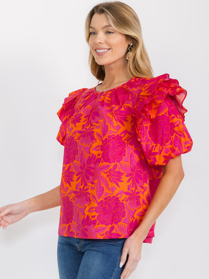 WOMEN'S SHORT PUFF SLEEVE KEYHOLE FLORAL BLOUSE