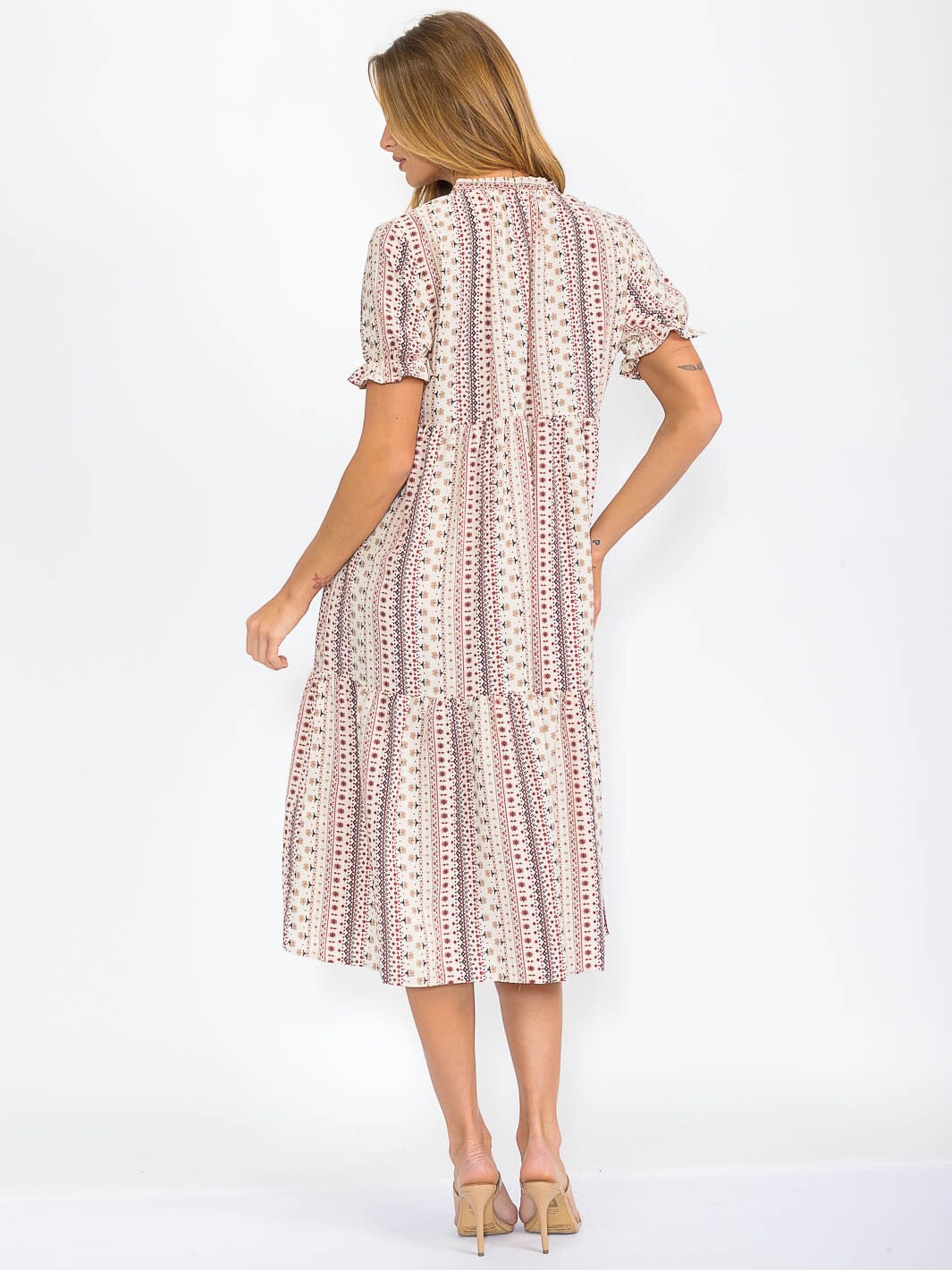 WOMEN'S SHORT SLEEVE V-NECK FRONT POCKETS FLOWER PRINT MIDI DRESS