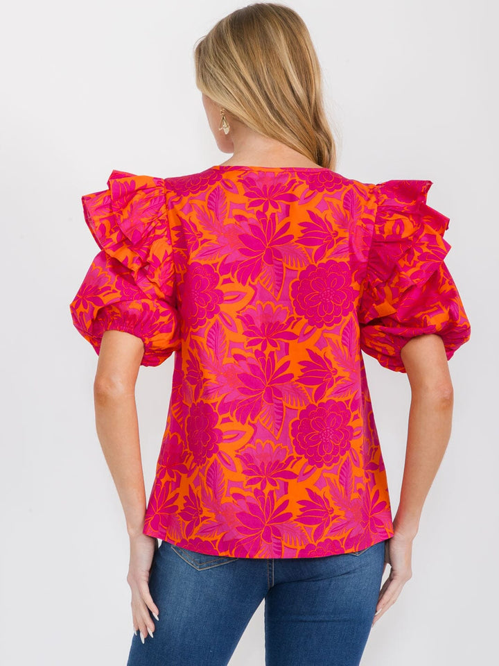 WOMEN'S SHORT PUFF SLEEVE KEYHOLE FLORAL BLOUSE
