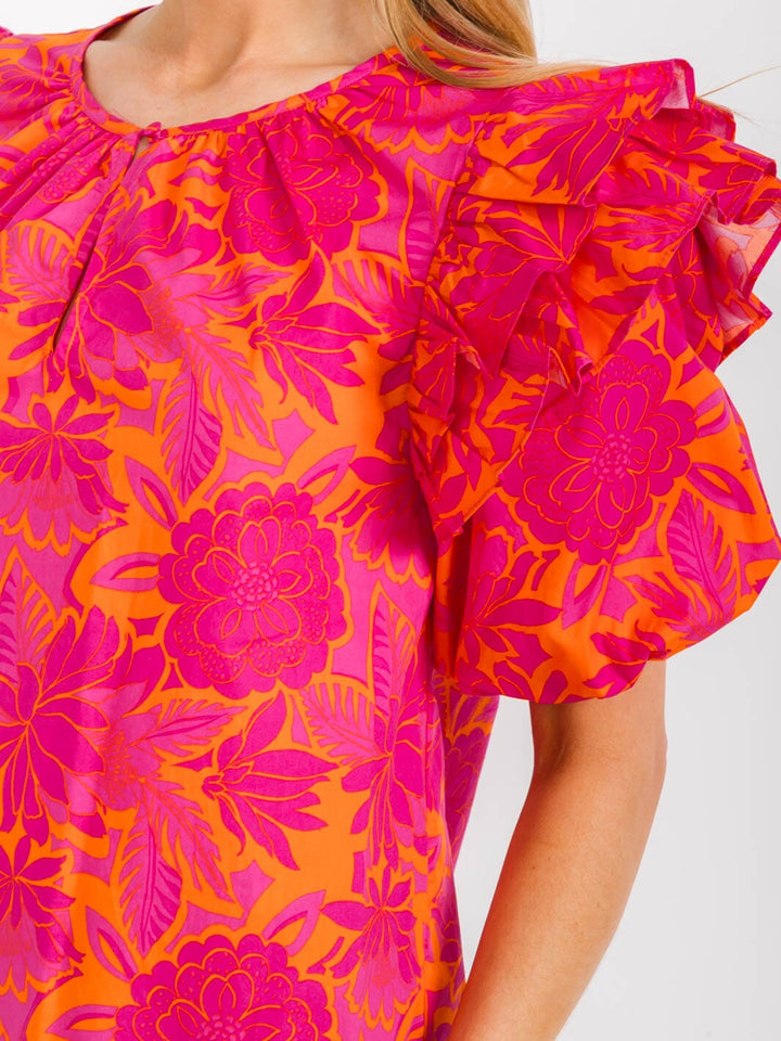 WOMEN'S SHORT PUFF SLEEVE KEYHOLE FLORAL BLOUSE