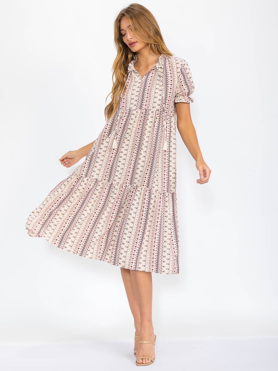 WOMEN'S SHORT SLEEVE V-NECK FRONT POCKETS FLOWER PRINT MIDI DRESS