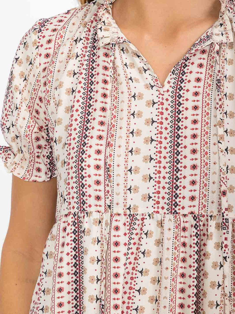 WOMEN'S SHORT SLEEVE V-NECK FRONT POCKETS FLOWER PRINT MIDI DRESS