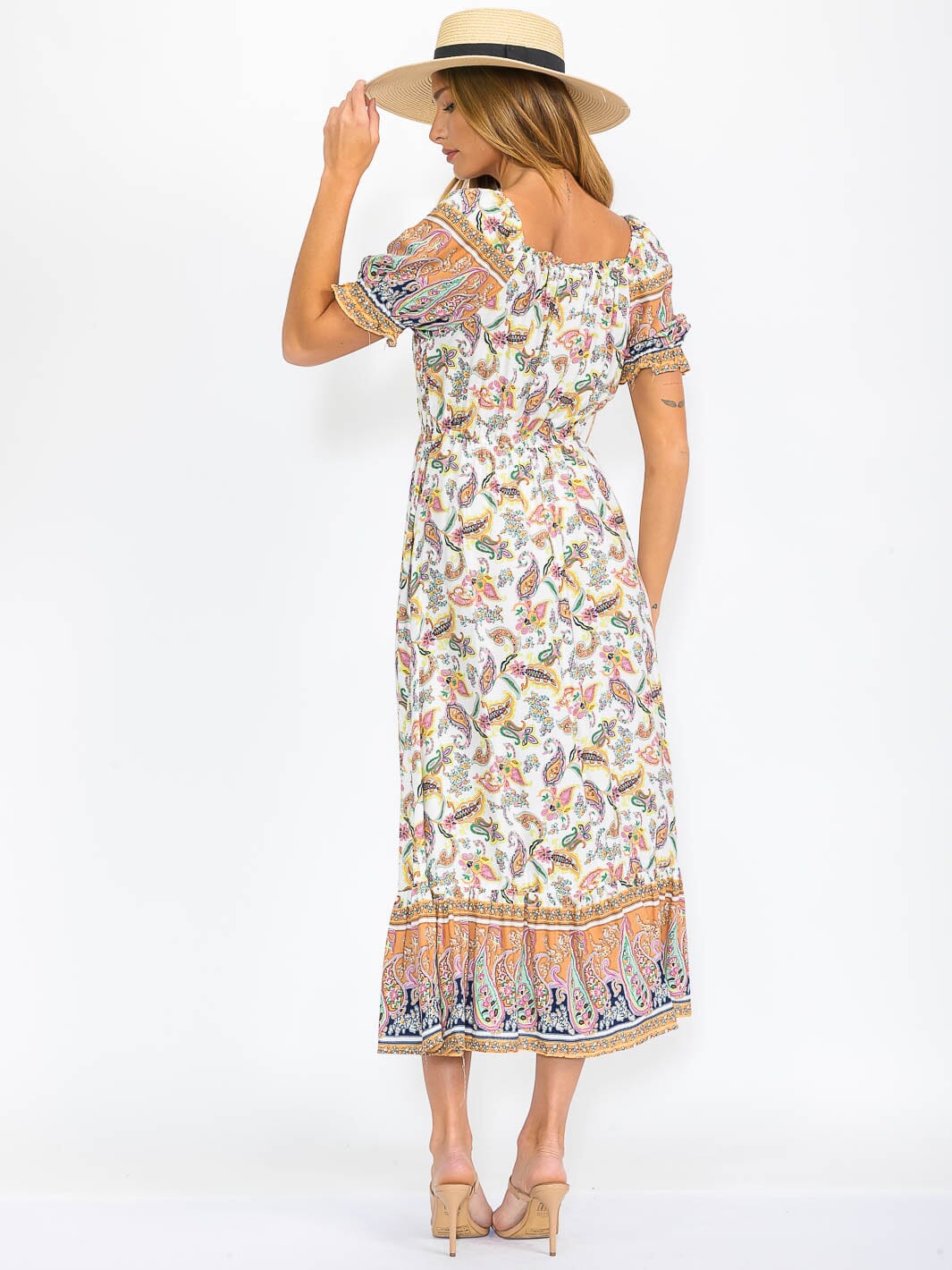 WOMEN'S SHORT SLEEVES SMOCK TIERED PRINTED MAXI DRESS