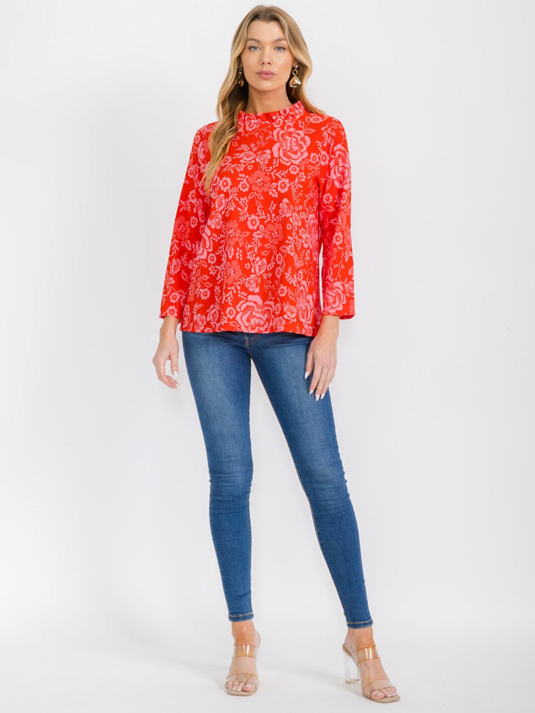 WOMEN'S LONG SLEEVE MOCK NECK FLORAL BLOUSE