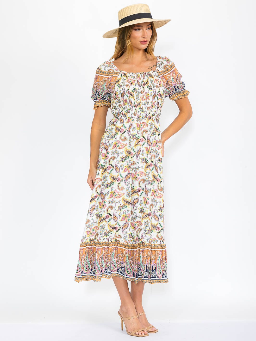 WOMEN'S SHORT SLEEVES SMOCK TIERED PRINTED MAXI DRESS