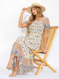 WOMEN'S SHORT SLEEVES SMOCK TIERED PRINTED MAXI DRESS