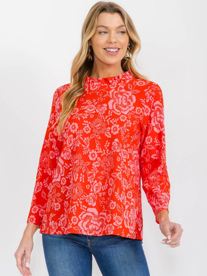 WOMEN'S LONG SLEEVE MOCK NECK FLORAL BLOUSE