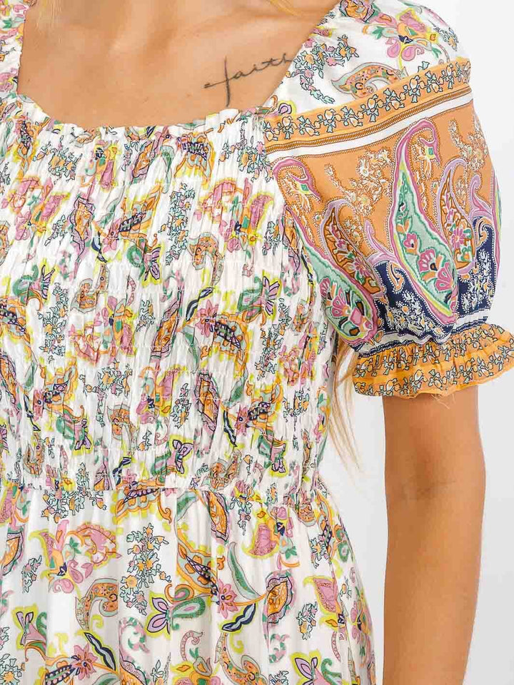 WOMEN'S SHORT SLEEVES SMOCK TIERED PRINTED MAXI DRESS