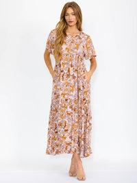 WOMEN'S SHORT SLEEVES V-NECK FRONT POCKETS TIERED FLORAL MAXI DRESS