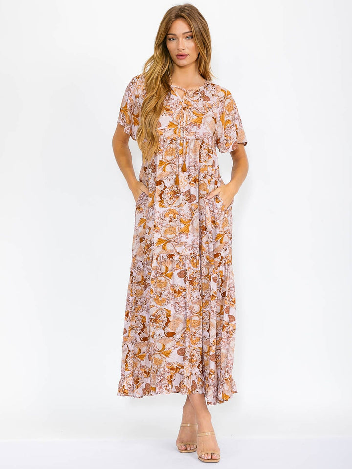 WOMEN'S SHORT SLEEVES V-NECK FRONT POCKETS TIERED FLORAL MAXI DRESS