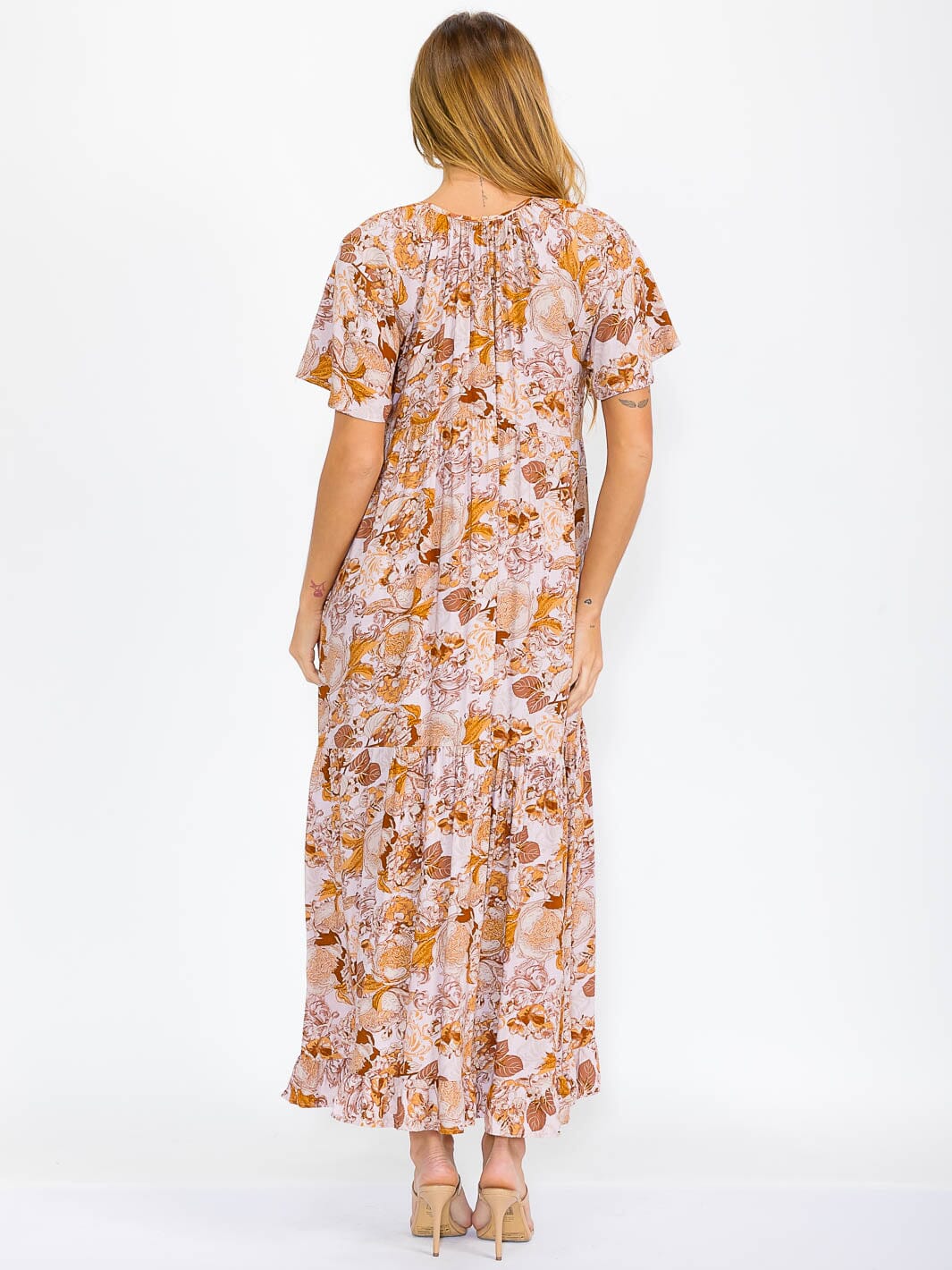 WOMEN'S SHORT SLEEVES V-NECK FRONT POCKETS TIERED FLORAL MAXI DRESS