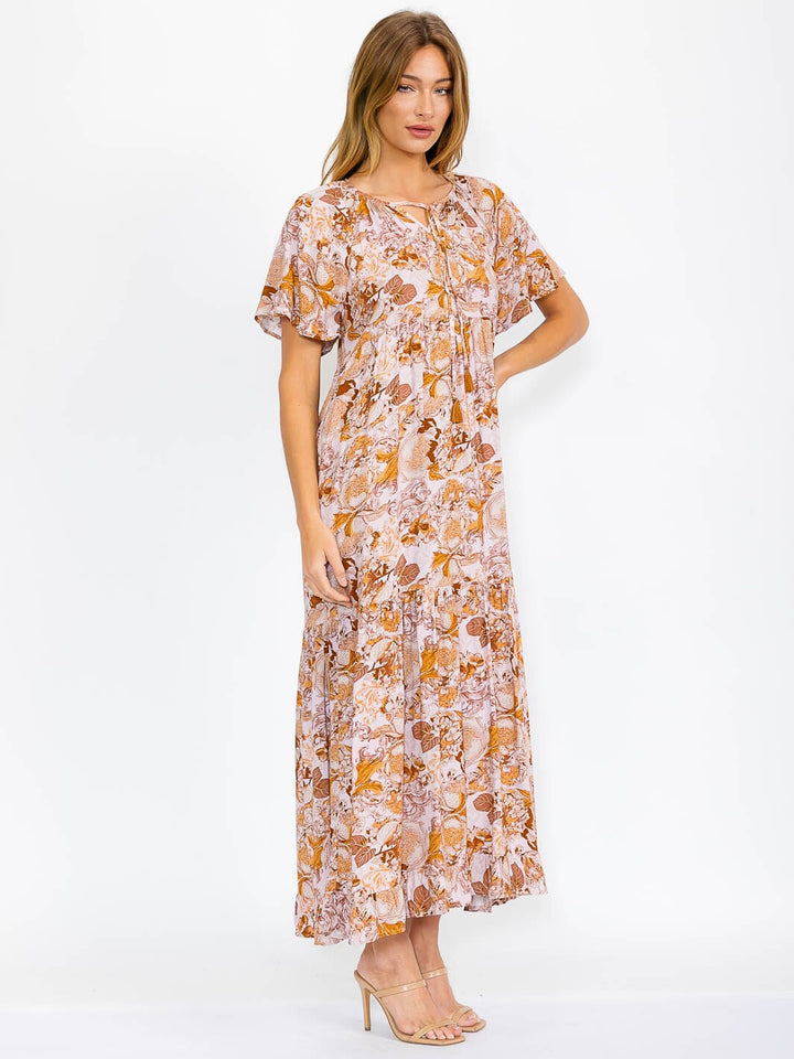 WOMEN'S SHORT SLEEVES V-NECK FRONT POCKETS TIERED FLORAL MAXI DRESS