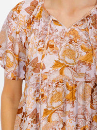WOMEN'S SHORT SLEEVES V-NECK FRONT POCKETS TIERED FLORAL MAXI DRESS