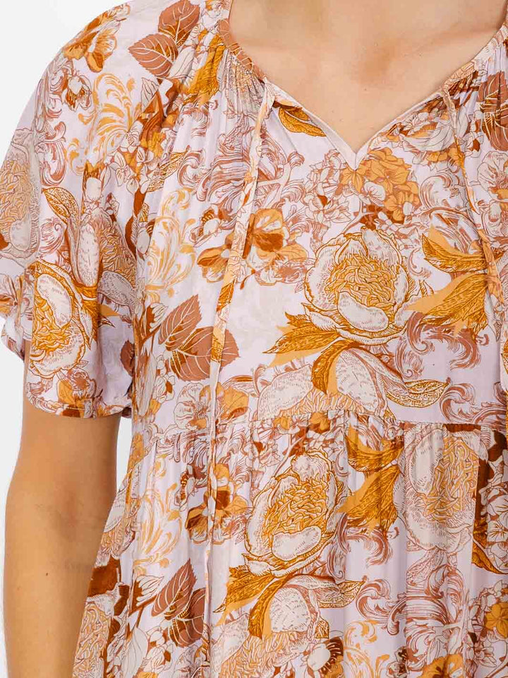 WOMEN'S SHORT SLEEVES V-NECK FRONT POCKETS TIERED FLORAL MAXI DRESS