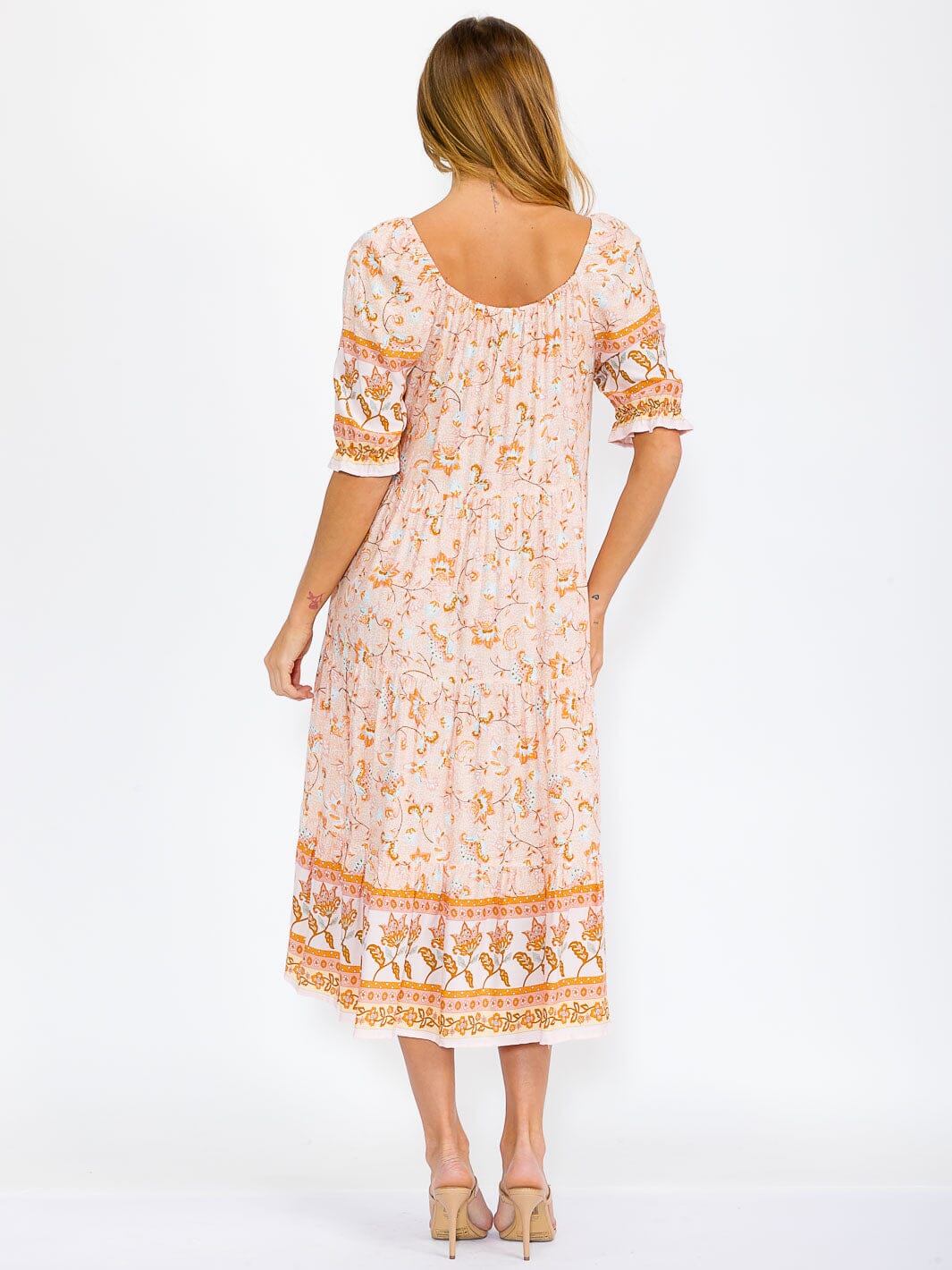 WOMEN'S SHORT SLEEVE TIERED FLOWER PRINT MIDI DRESS