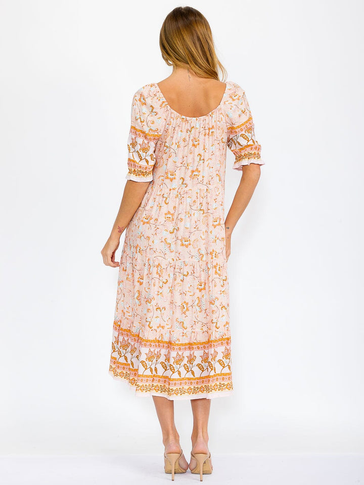 WOMEN'S SHORT SLEEVE TIERED FLOWER PRINT MIDI DRESS