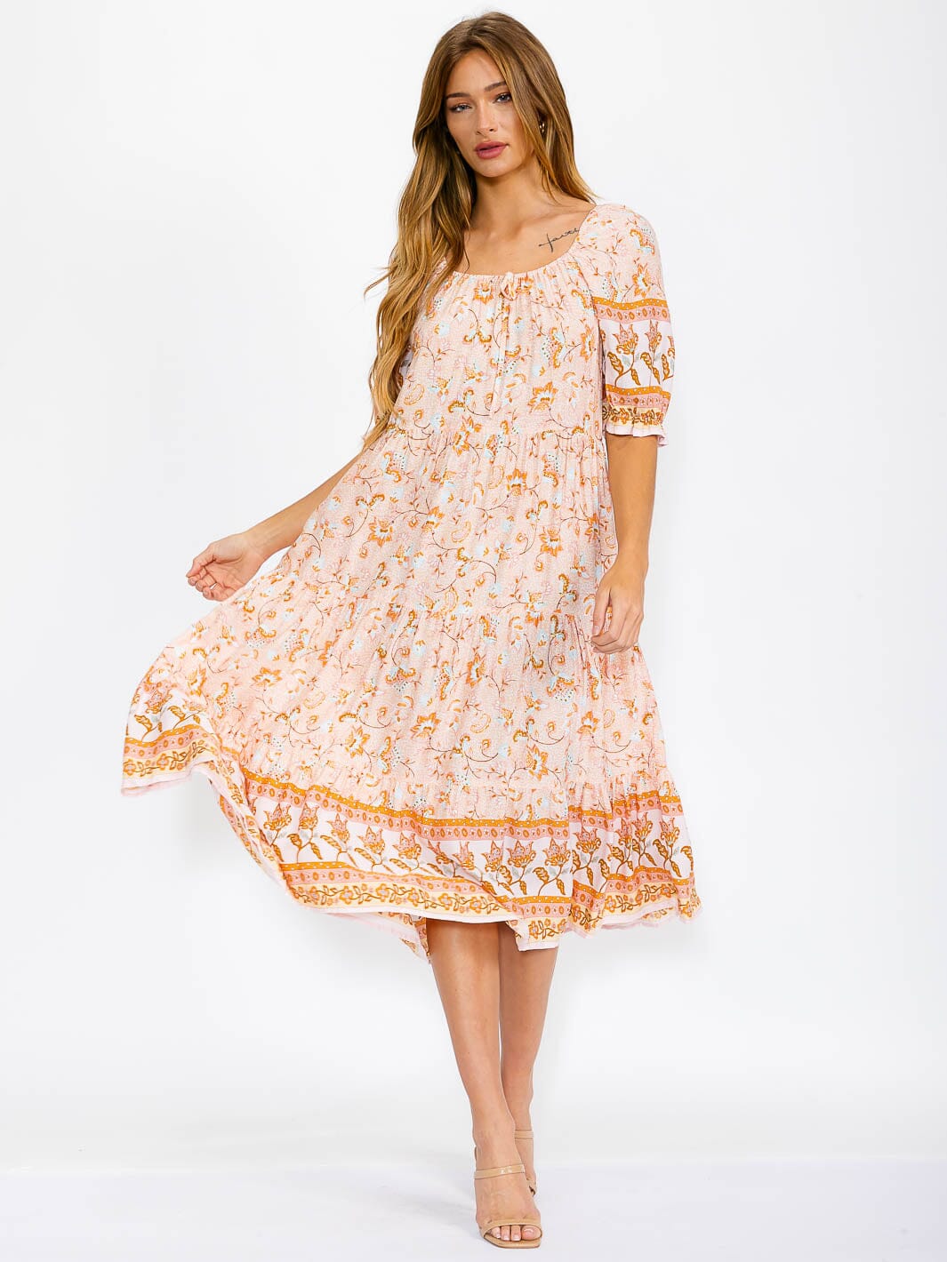 WOMEN'S SHORT SLEEVE TIERED FLOWER PRINT MIDI DRESS
