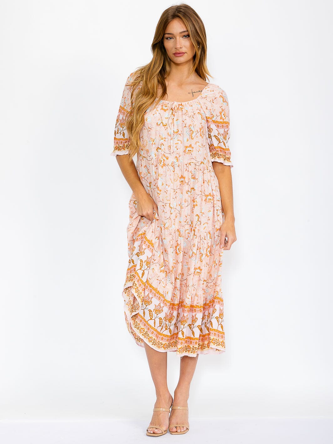 WOMEN'S SHORT SLEEVE TIERED FLOWER PRINT MIDI DRESS