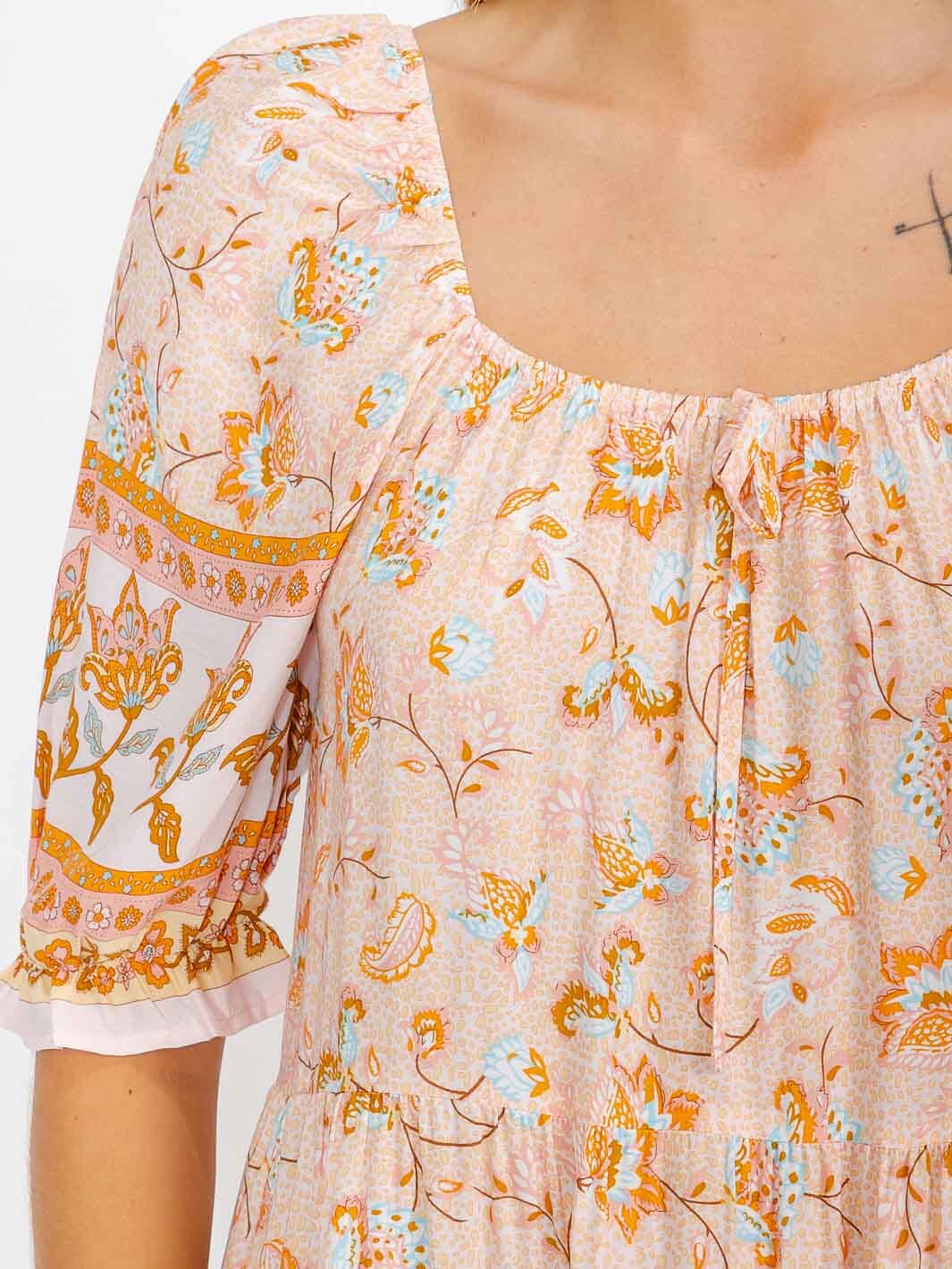 WOMEN'S SHORT SLEEVE TIERED FLOWER PRINT MIDI DRESS