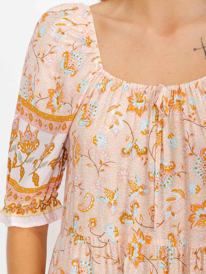 WOMEN'S SHORT SLEEVE TIERED FLOWER PRINT MIDI DRESS