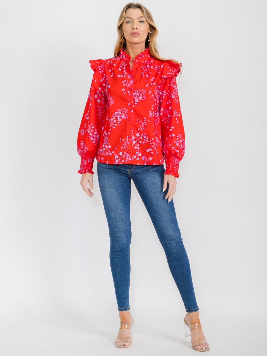 WOMEN'S LONG SLEEVE V-NECK BUTTON UP FLORAL PRINT BLOUSE