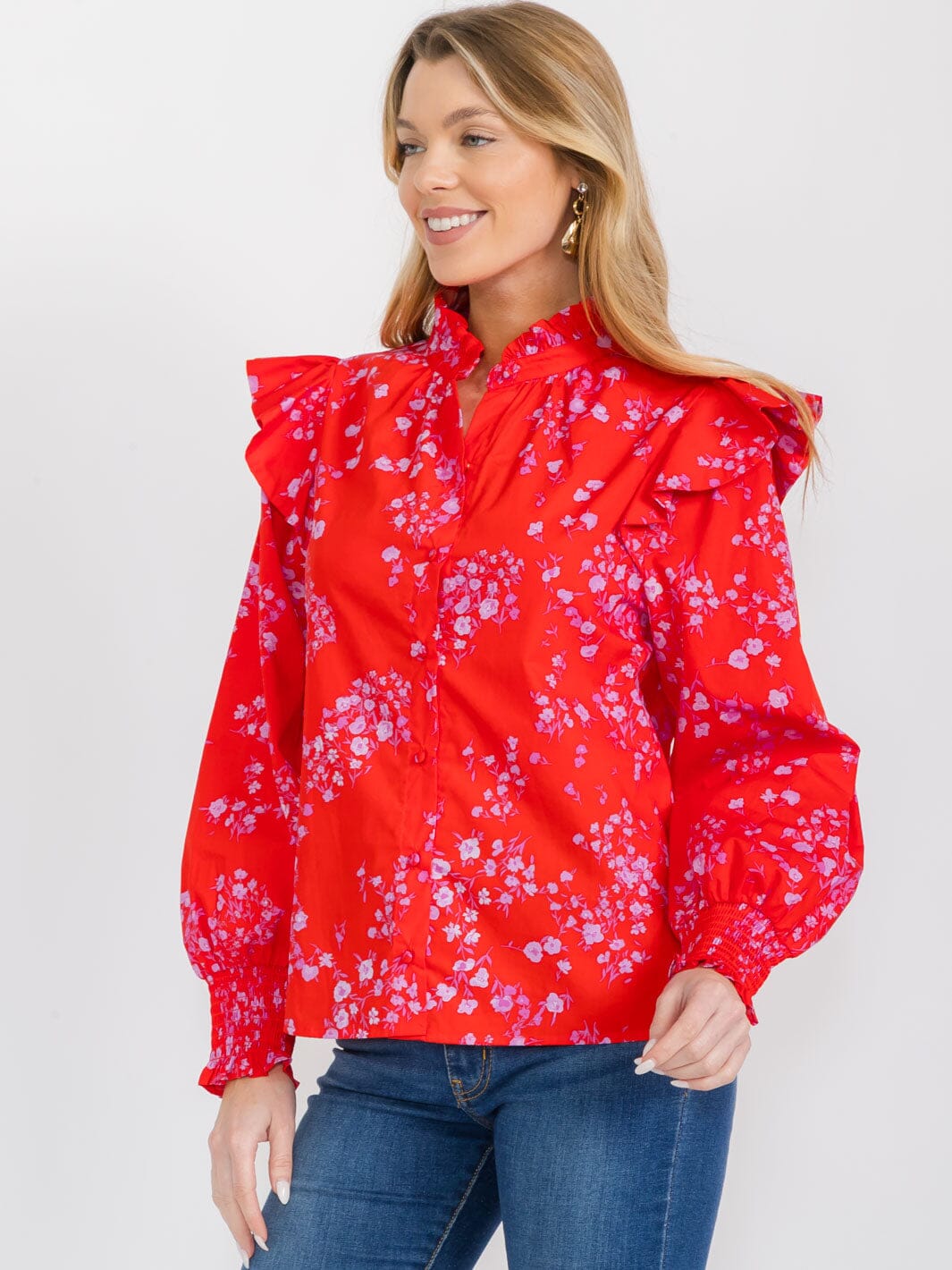 WOMEN'S LONG SLEEVE V-NECK BUTTON UP FLORAL PRINT BLOUSE