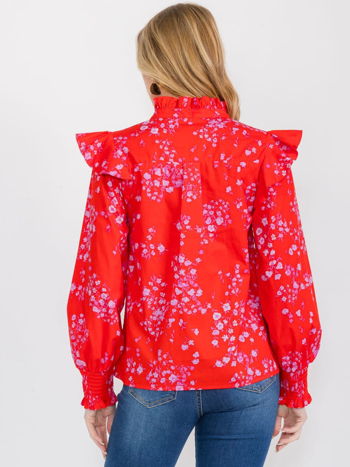 WOMEN'S LONG SLEEVE V-NECK BUTTON UP FLORAL PRINT BLOUSE