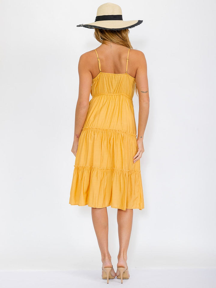 WOMEN'S SLEEVELESS BUTTON UP TIERED MIDI DRESS