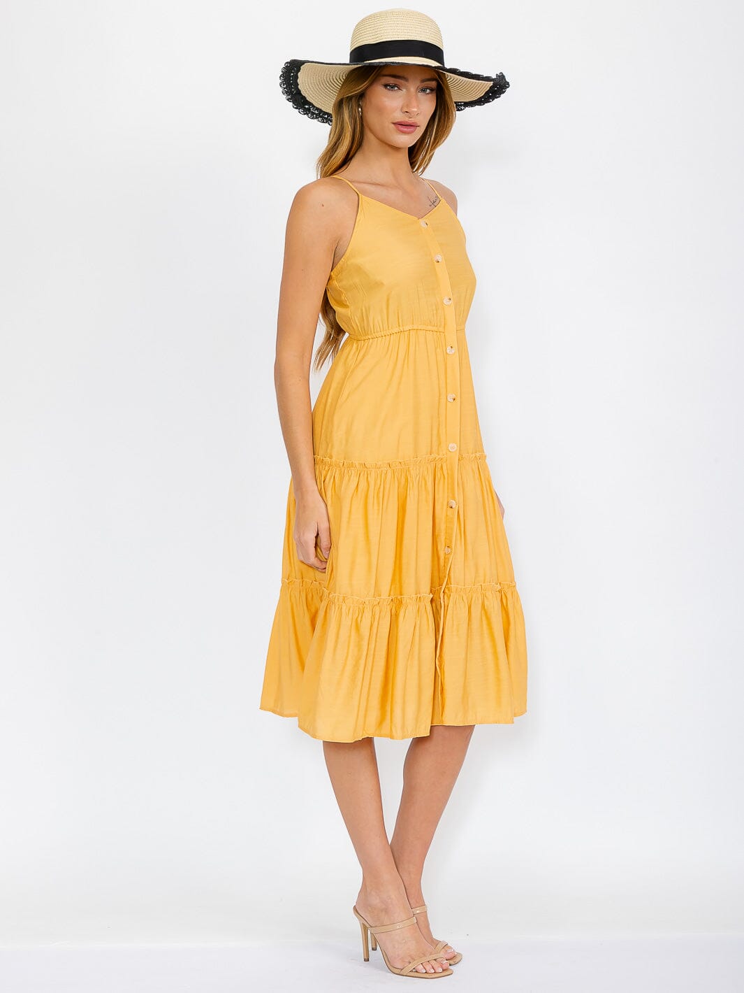 WOMEN'S SLEEVELESS BUTTON UP TIERED MIDI DRESS