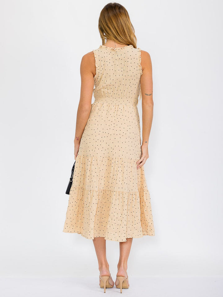 WOMEN'S SLEEVELESS TIERED POLKA DOTS FRONT POCKETS MAXI DRESS