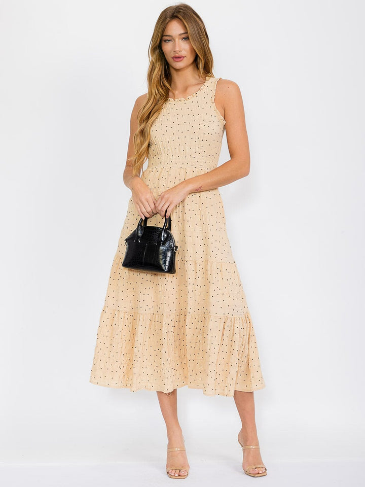 WOMEN'S SLEEVELESS TIERED POLKA DOTS FRONT POCKETS MAXI DRESS