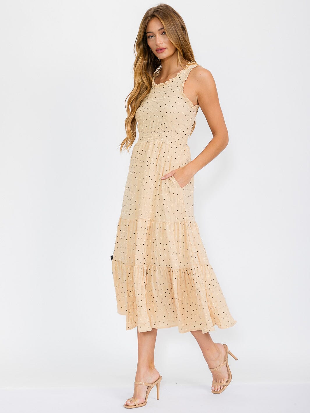 WOMEN'S SLEEVELESS TIERED POLKA DOTS FRONT POCKETS MAXI DRESS