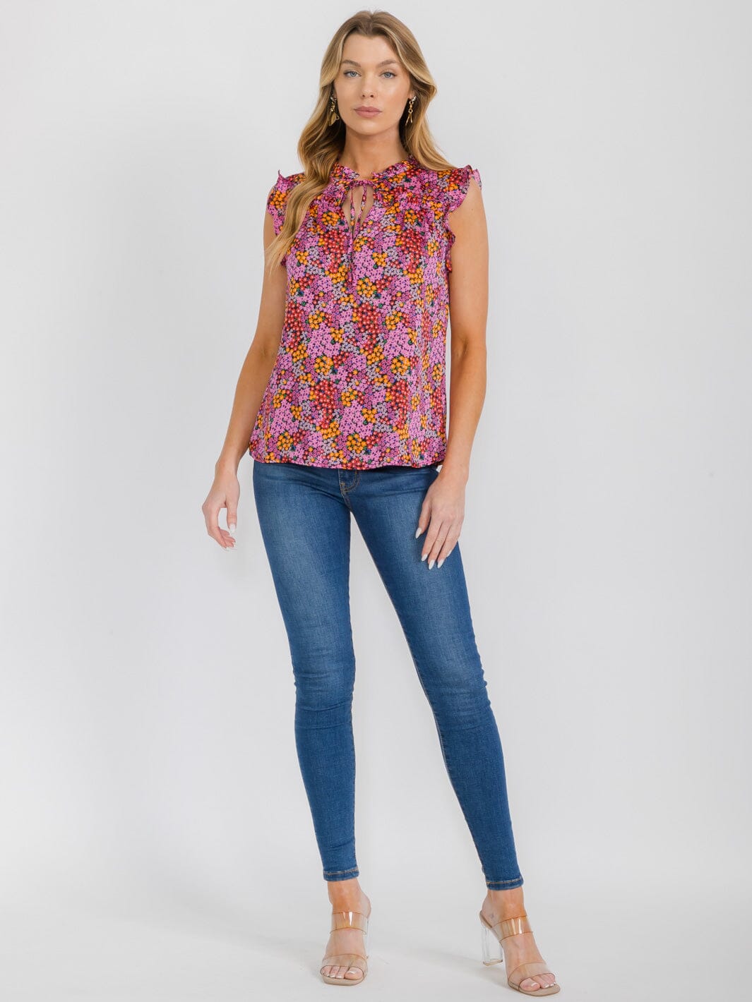 WOMEN'S SLEEVELESS V-NECK FLORAL PRINT BLOUSE