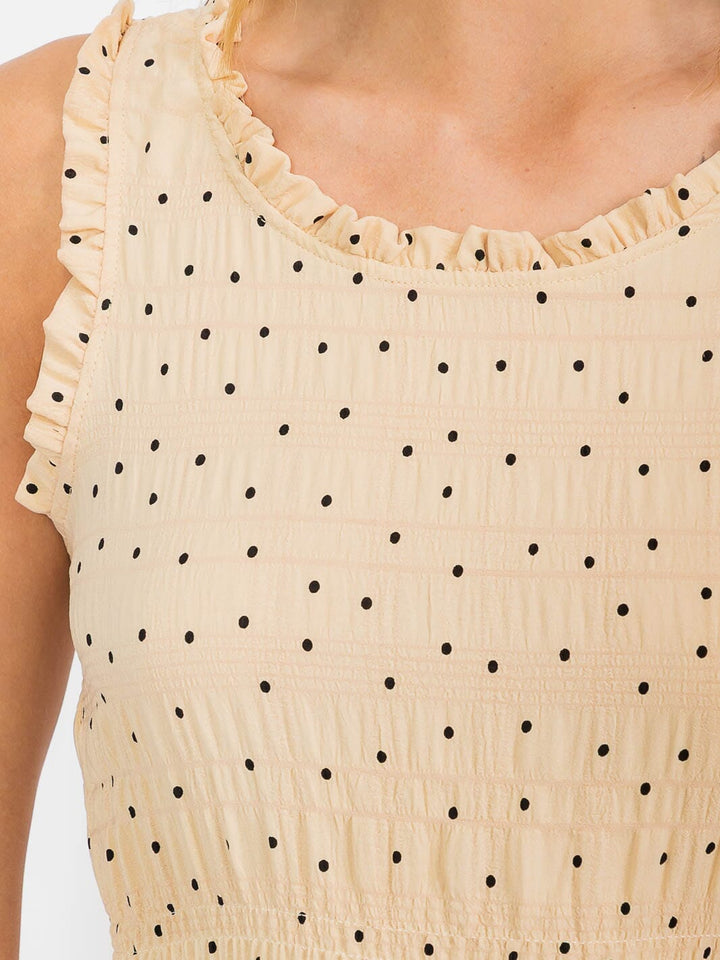 WOMEN'S SLEEVELESS TIERED POLKA DOTS FRONT POCKETS MAXI DRESS