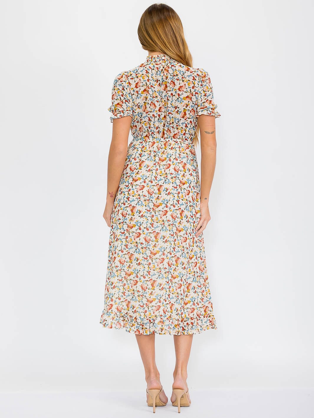 WOMEN'S SHORT SLEEVES MOCK NECK ELASTIC WAIST FLORAL MAXI DRESS