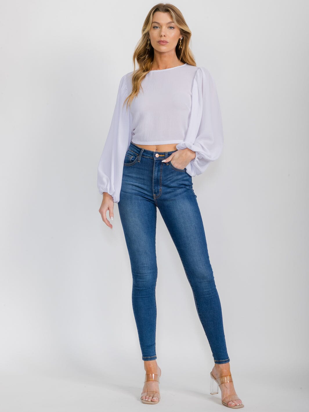WOMEN'S LONG BALLOON SLEEVE SOLID BLOUSE