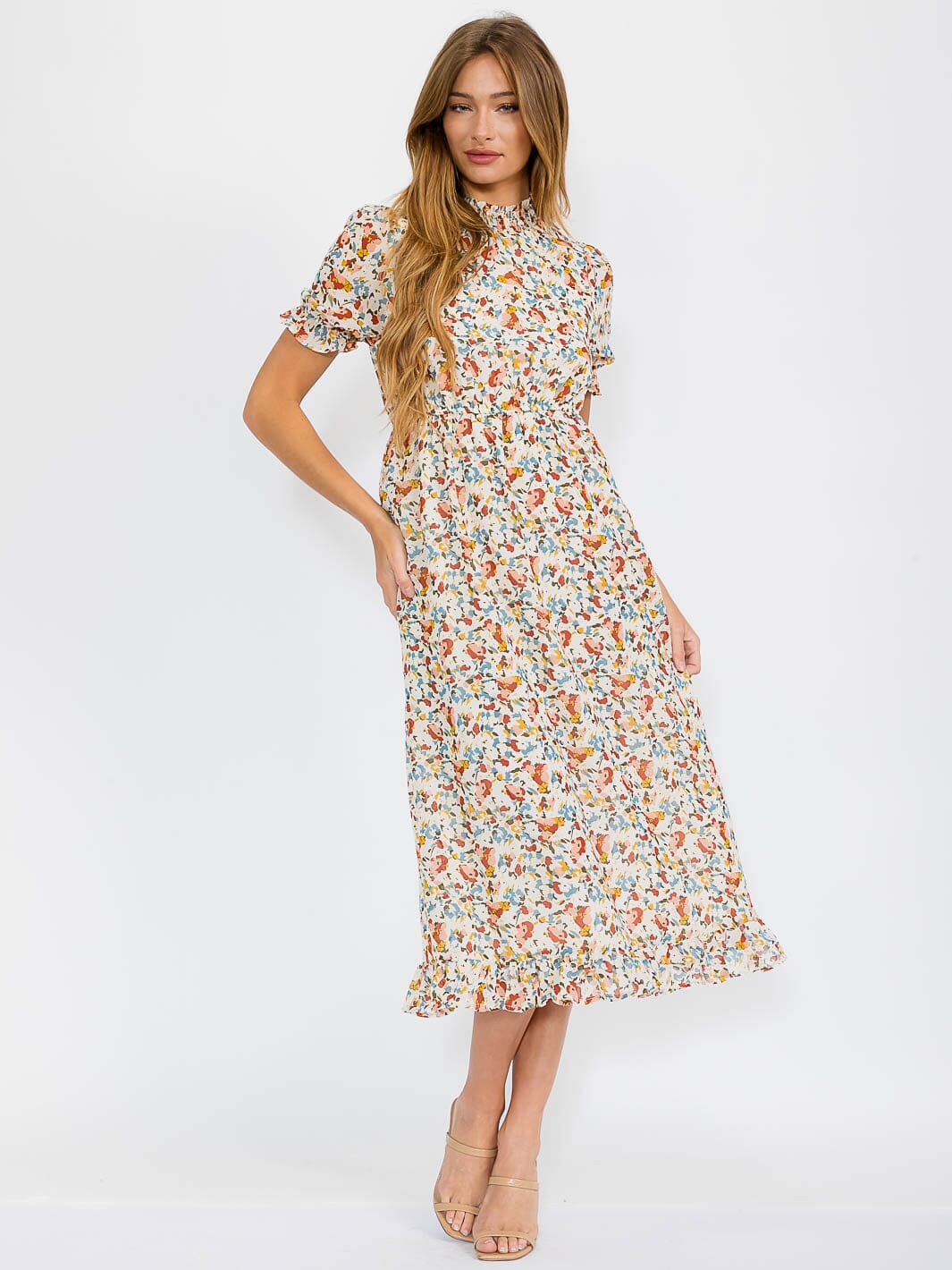 WOMEN'S SHORT SLEEVES MOCK NECK ELASTIC WAIST FLORAL MAXI DRESS