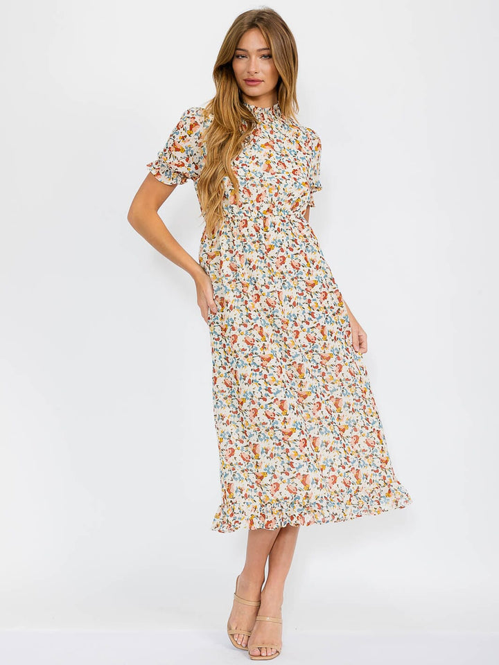 WOMEN'S SHORT SLEEVES MOCK NECK ELASTIC WAIST FLORAL MAXI DRESS
