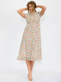 WOMEN'S SHORT SLEEVES MOCK NECK ELASTIC WAIST FLORAL MAXI DRESS