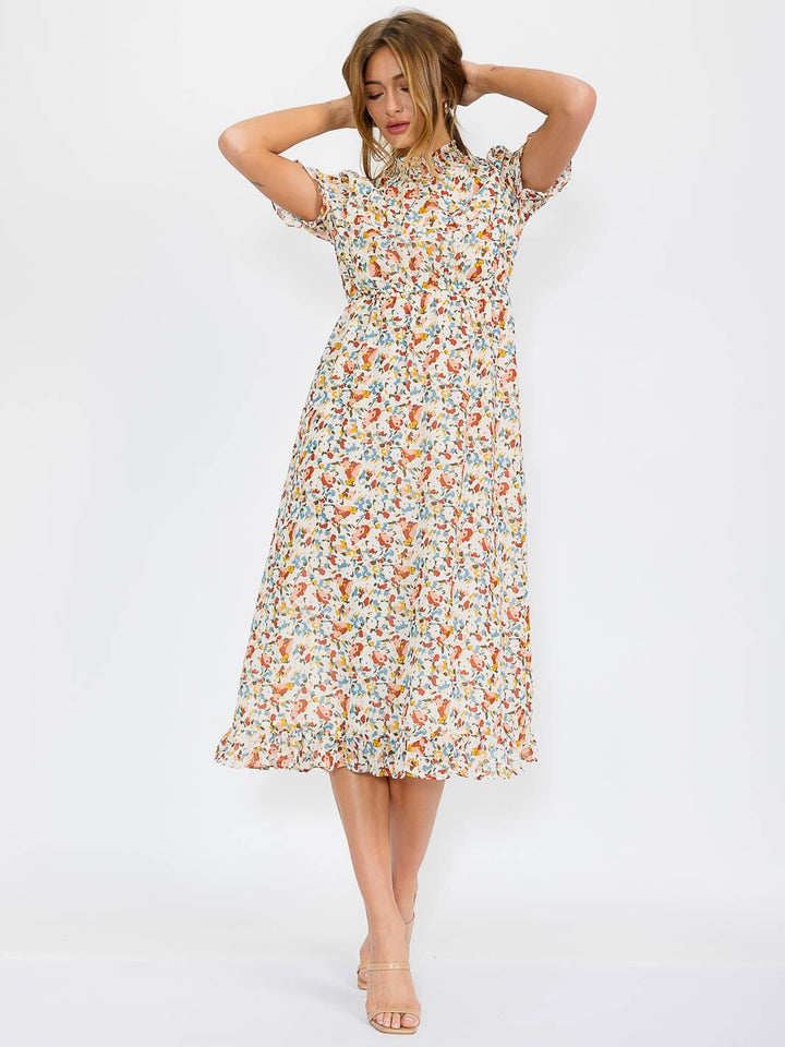 WOMEN'S SHORT SLEEVES MOCK NECK ELASTIC WAIST FLORAL MAXI DRESS