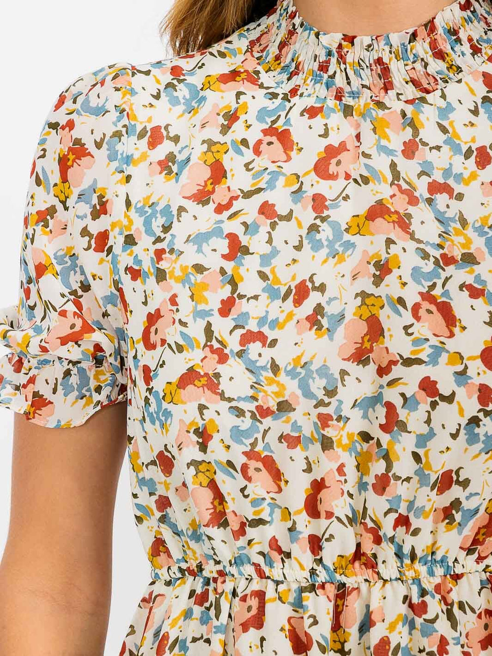 WOMEN'S SHORT SLEEVES MOCK NECK ELASTIC WAIST FLORAL MAXI DRESS