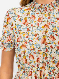 WOMEN'S SHORT SLEEVES MOCK NECK ELASTIC WAIST FLORAL MAXI DRESS