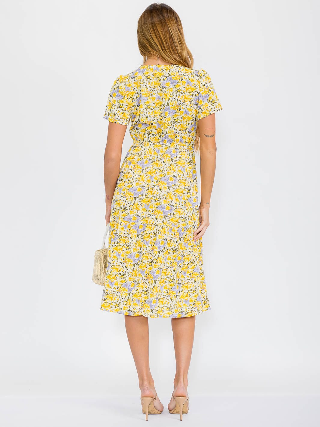 WOMEN'S SHORT SLEEVE SURPLICE FRONT TIE FLOWER PRINT MIDI DRESS