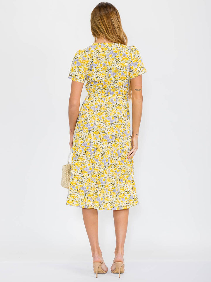 WOMEN'S SHORT SLEEVE SURPLICE FRONT TIE FLOWER PRINT MIDI DRESS