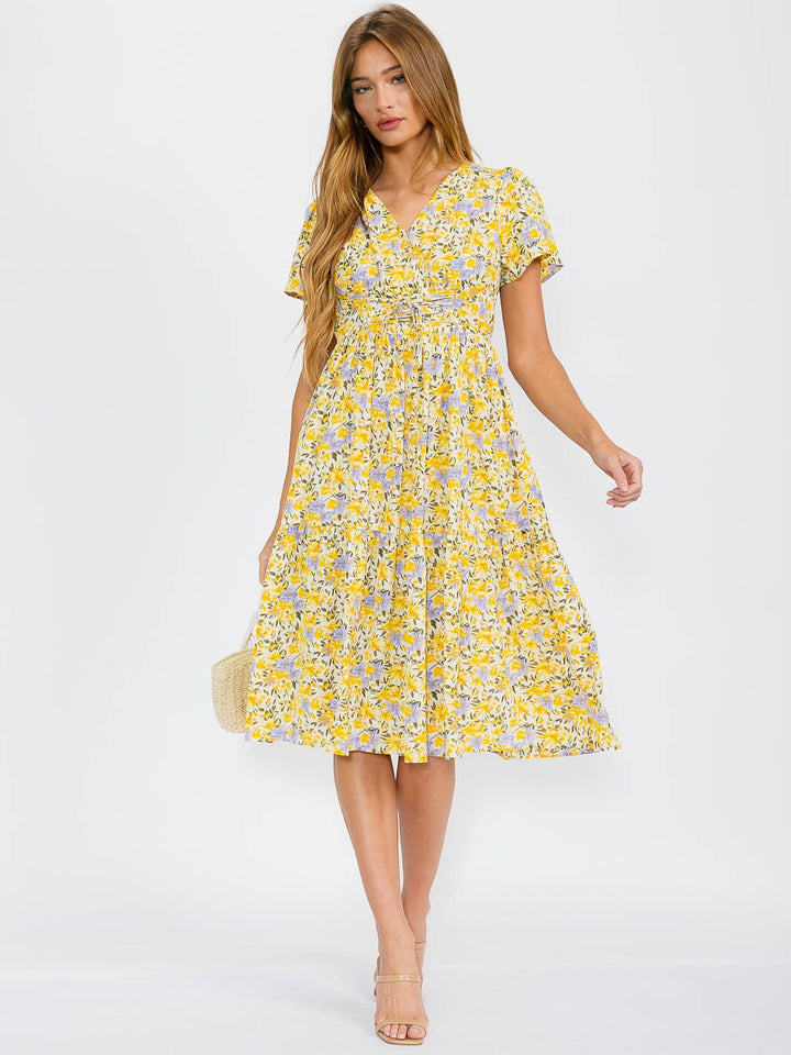 WOMEN'S SHORT SLEEVE SURPLICE FRONT TIE FLOWER PRINT MIDI DRESS