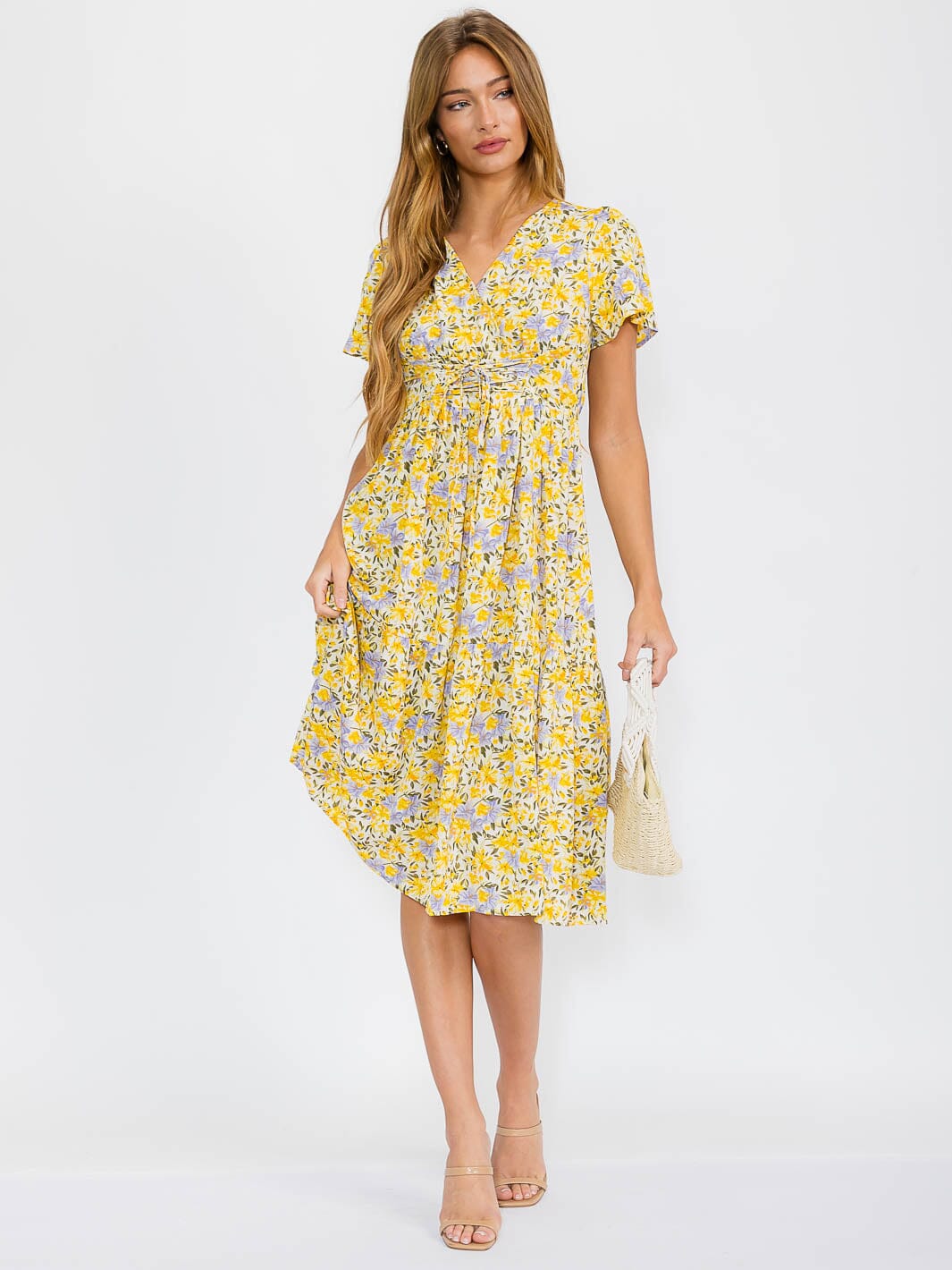 WOMEN'S SHORT SLEEVE SURPLICE FRONT TIE FLOWER PRINT MIDI DRESS