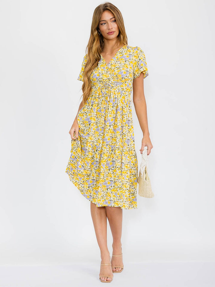 WOMEN'S SHORT SLEEVE SURPLICE FRONT TIE FLOWER PRINT MIDI DRESS
