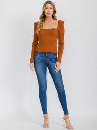 WOMEN'S LONG SLEEVE SQUARE NECK RIBBED TOP